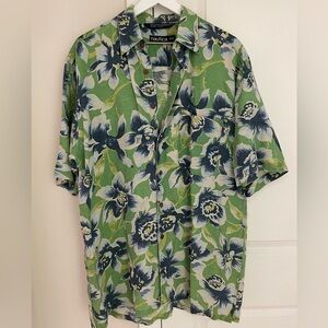 Vintage Nautica Shirt Mens Medium Green Blue Hawaiian Floral Aloha Linen Blend